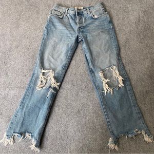 Free People Jeans Button Fly Cotton Fray Knee High Rise Distress Denim Women 25